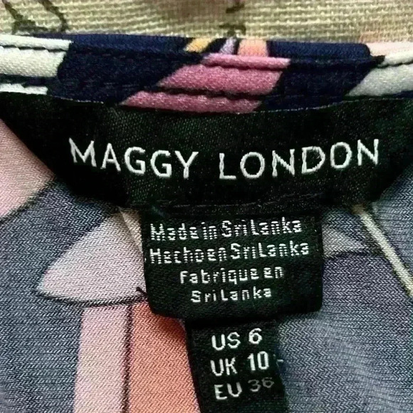 Maggie London Multicolor V Neck Cap Sleeve Wrap Dress Size 6 - Picture 8 of 15